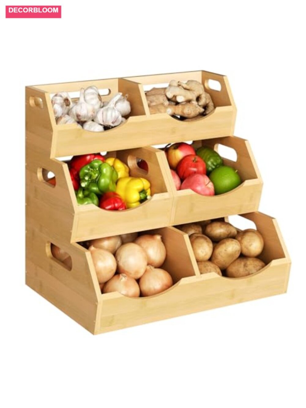 3 Tier Bamboo Stackable Onion Potato Storage Bin Pantry Organizer